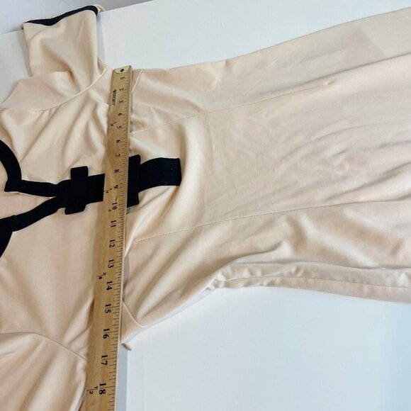 Vintage Split Neck Bowknot Sheath Dress Beige M 3/4 Flare Puff Sleeve Angel Boho - Picture 6 of 7